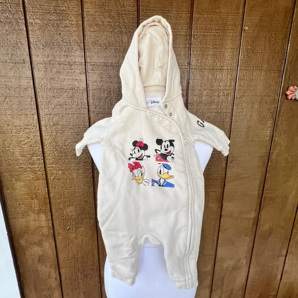 Baby Gap Disney Mickey Mouse Ears Hooded‎ Romper Cream Fleece 0-3 Months